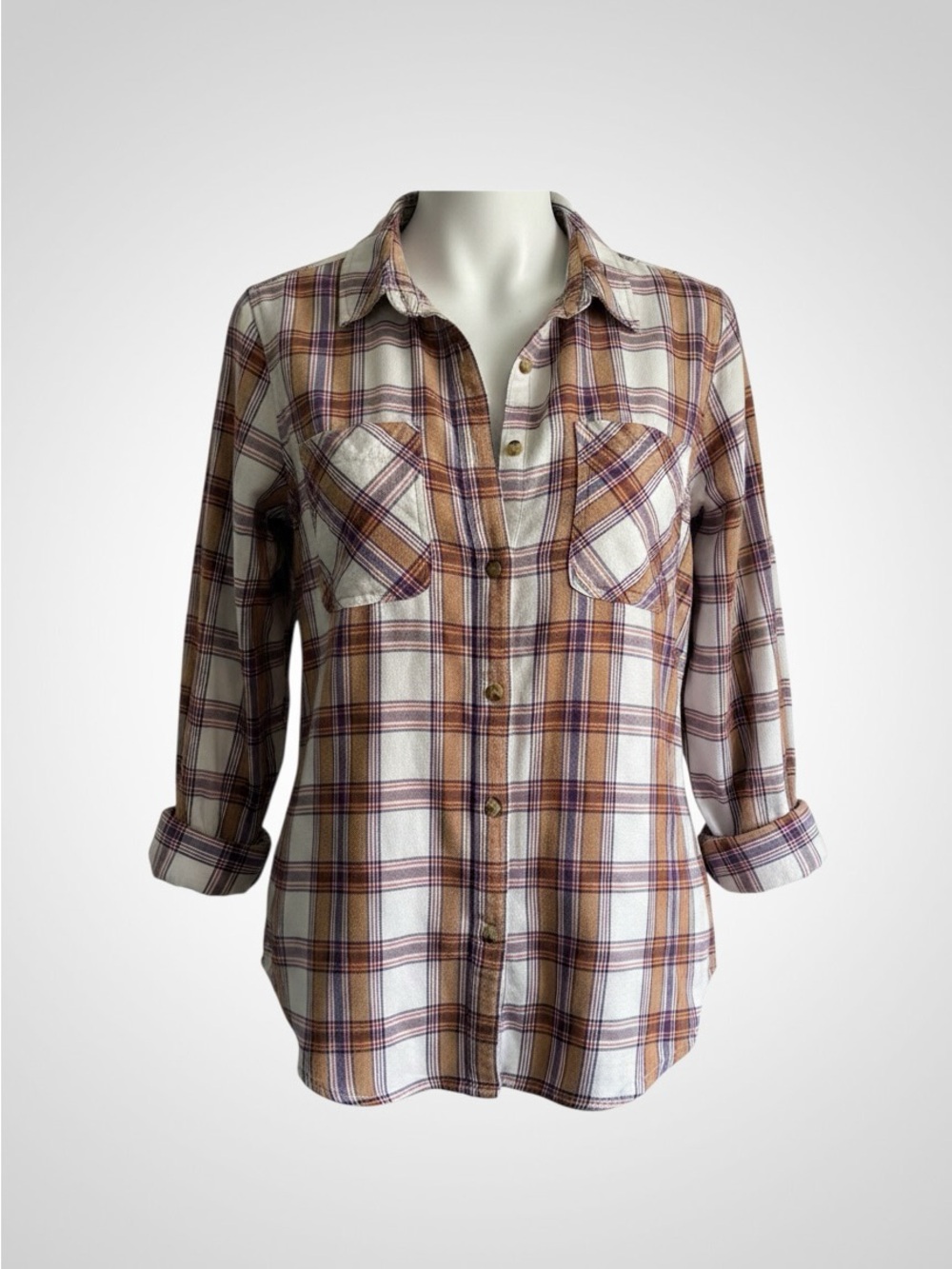JACHS Girlfriend Plaid Button-Down Shirt in White, Brown & Purple